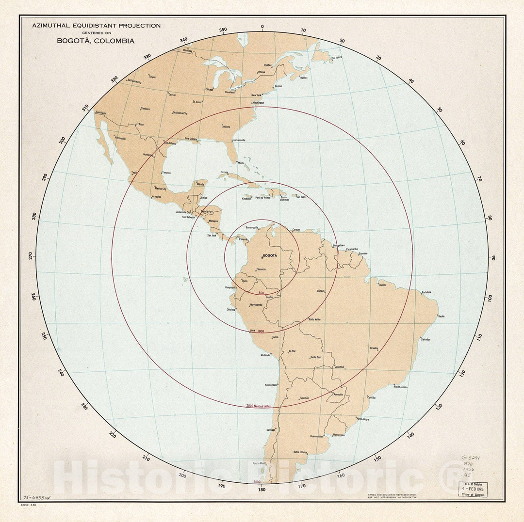 Historic 1966 Map - Azimuthal equidistant Projection Centered on BogotÃ¡, Colombia. 3-66.