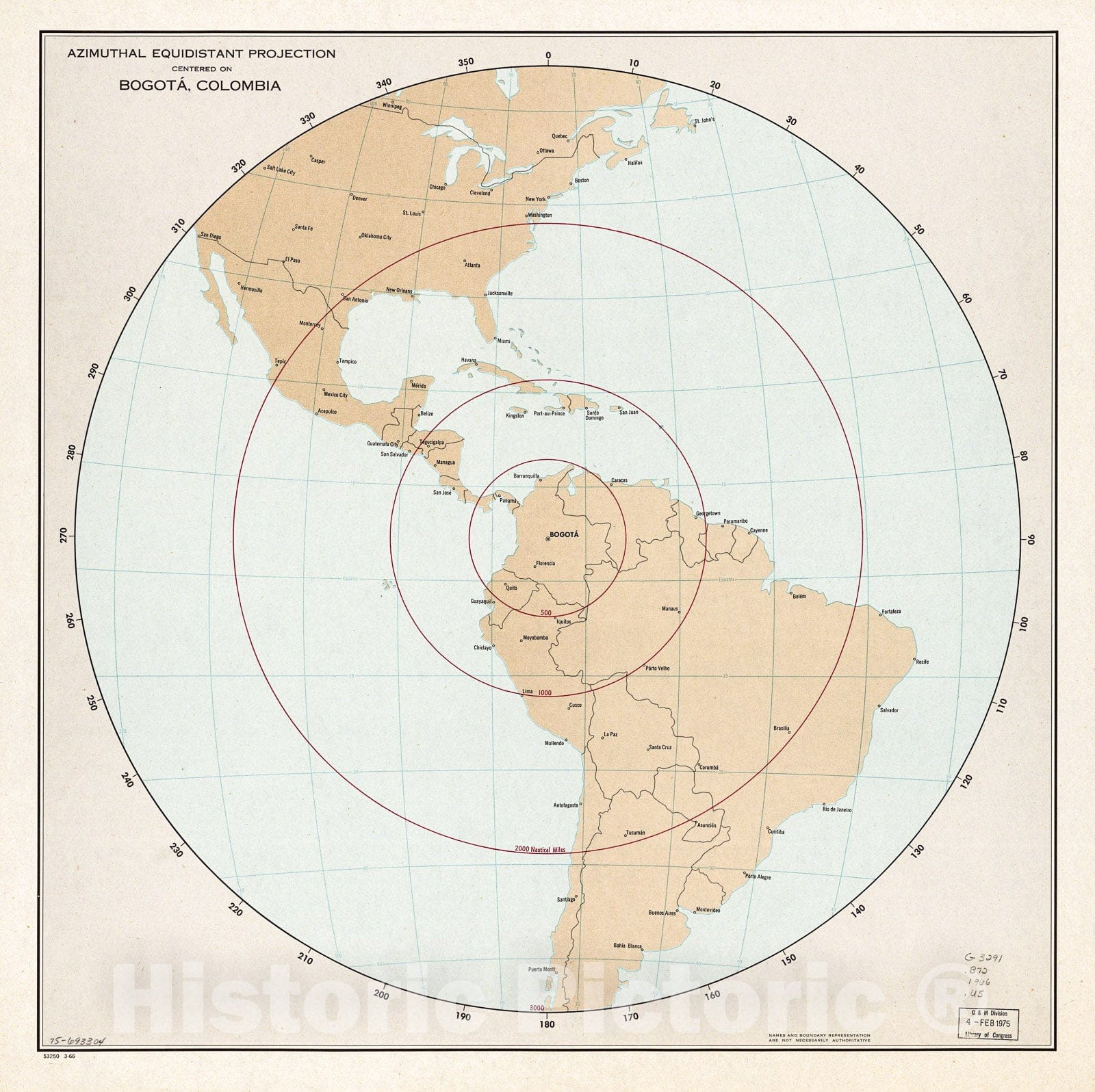 Historic 1966 Map - Azimuthal equidistant Projection Centered on BogotÃ¡, Colombia. 3-66.