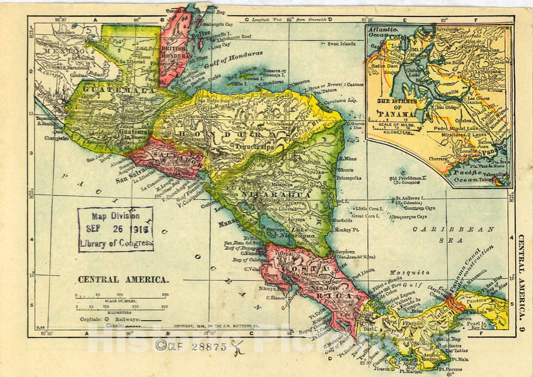 Historic 1916 Map - Central America. Cuba, Porto Rico, and Jamaica.