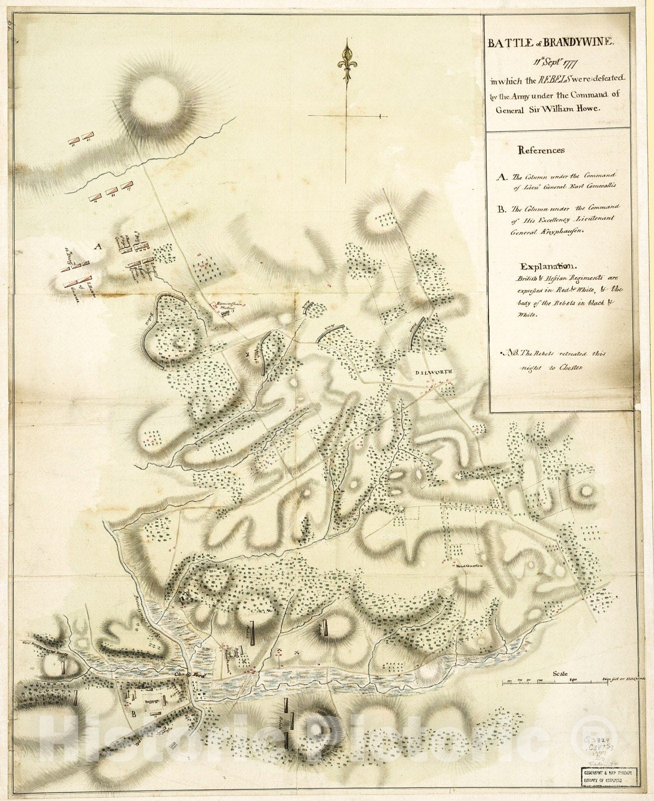 Historic 1777 Map - Battle of Brandywine, 11th Septr. 1777, in which The Rebels were Defeated by The Army Under The Command of Genl. Sir Willm. Howe.