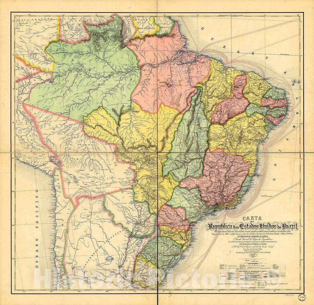 Historic 1892 Map - Carta da Republica dos Estados Unidos do Brazil.