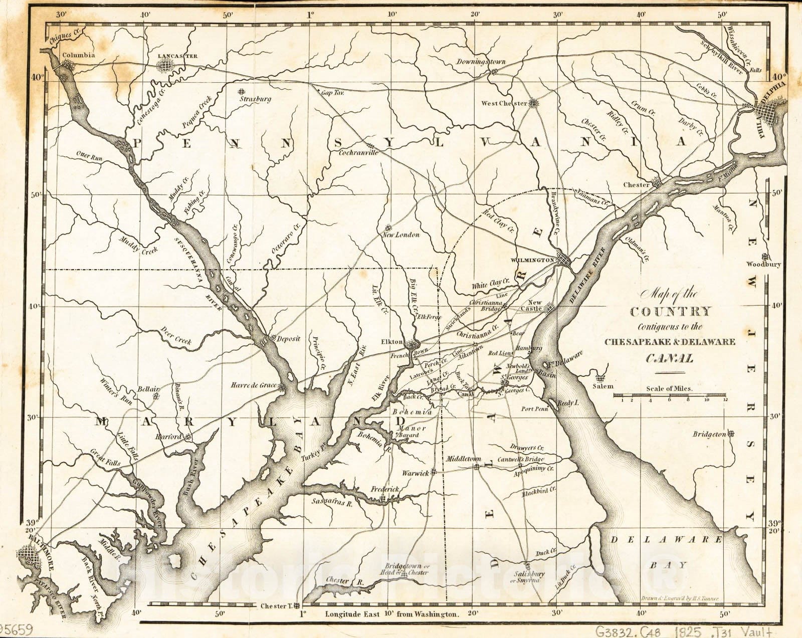 Historic 1825 Map - Map of The Country contiguous to The Chesapeake & Delaware Canal