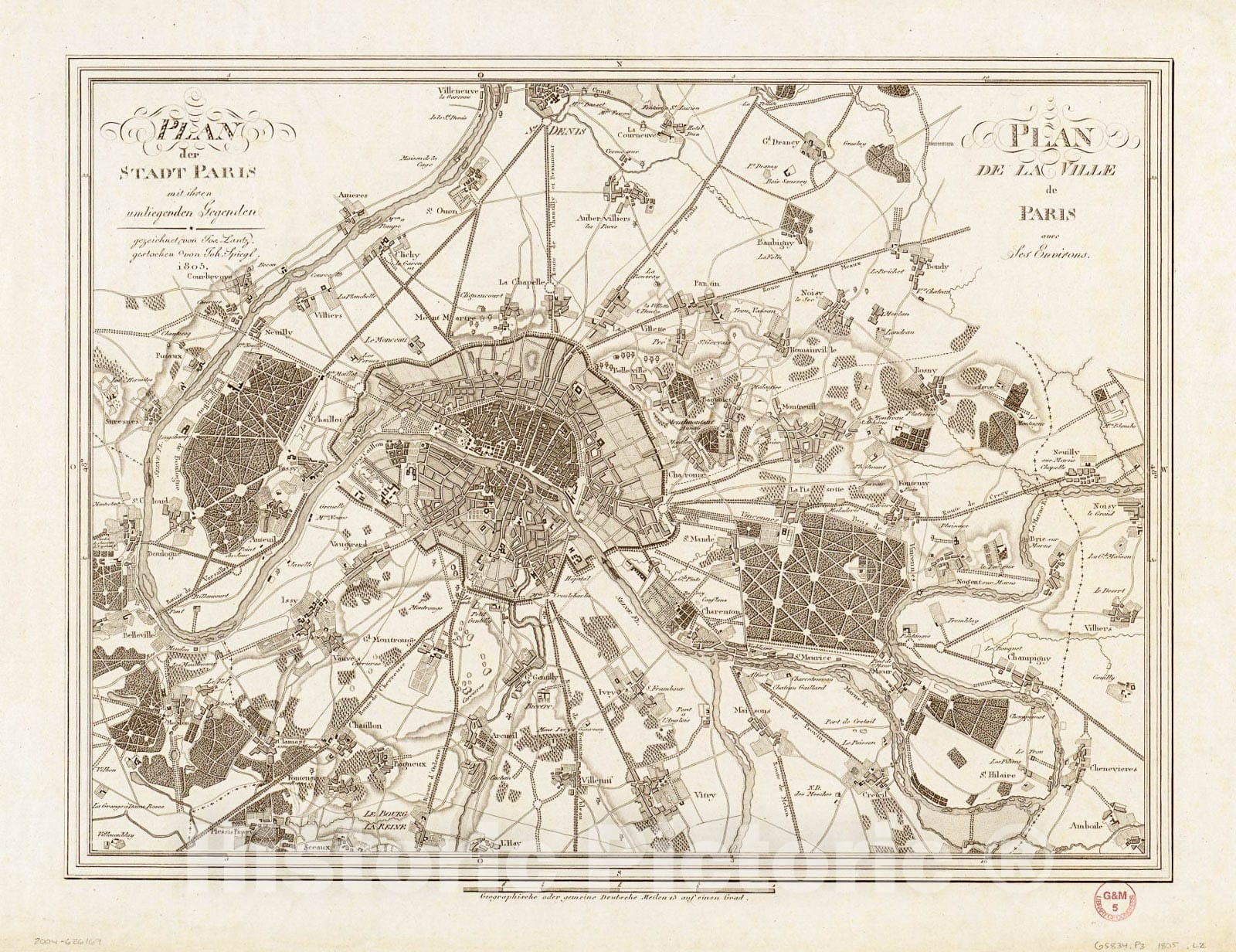 Historic 1805 Map - Plan der Stadt Paris mit ihren umliegenden Gegenden = Plan de la Ville de Paris avec SES Environs