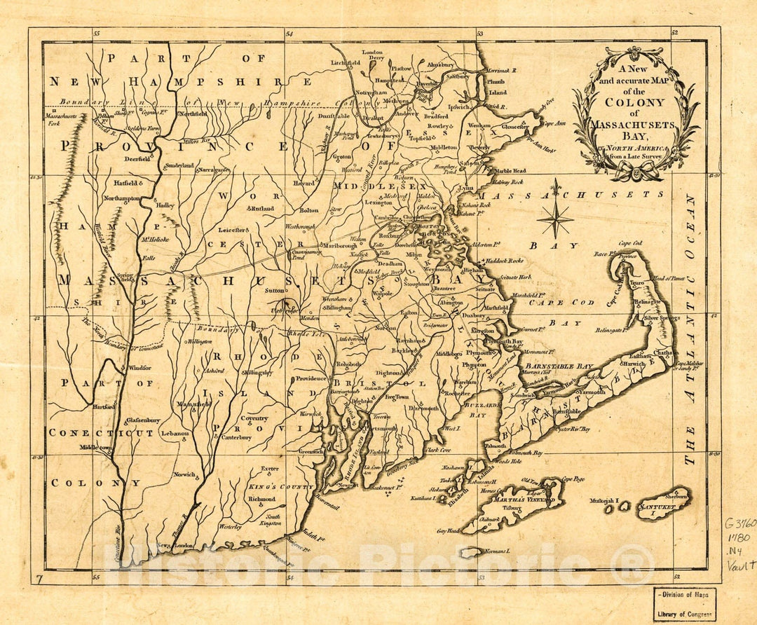 Historic 1780 Map - A New and Accurate map of The Colony of Massachusets i.e. Massachusetts Bay, in North America, from a Late Survey.