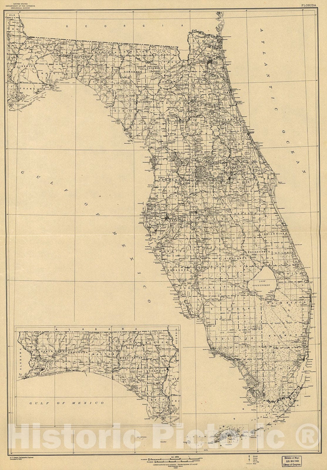 Historic 1940 Map - State of Florida; Base map