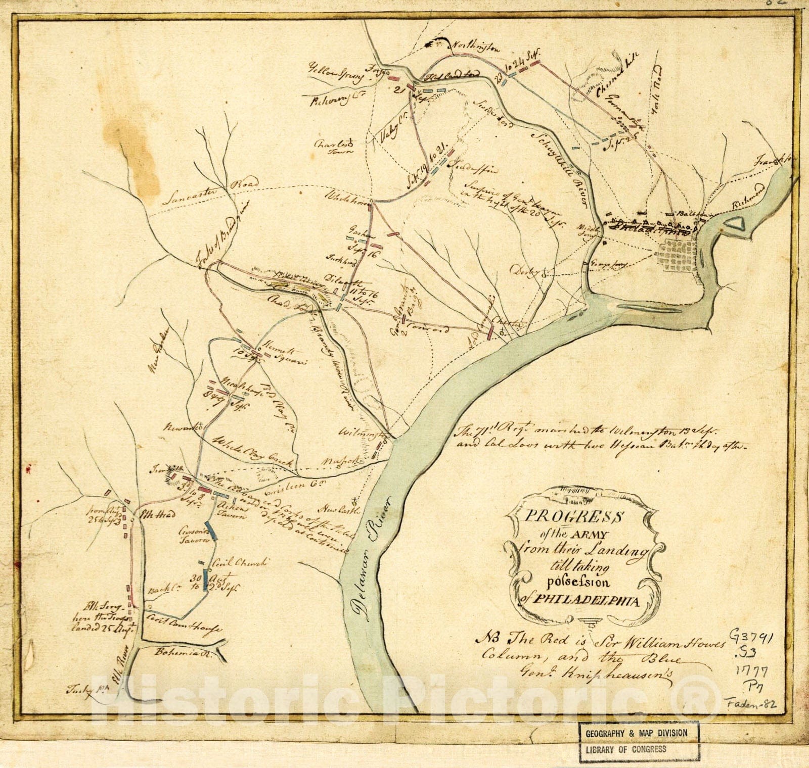 Historic 1777 Map - Progress of The Army from Their Landing Till Taking Possession of Philadelphia.