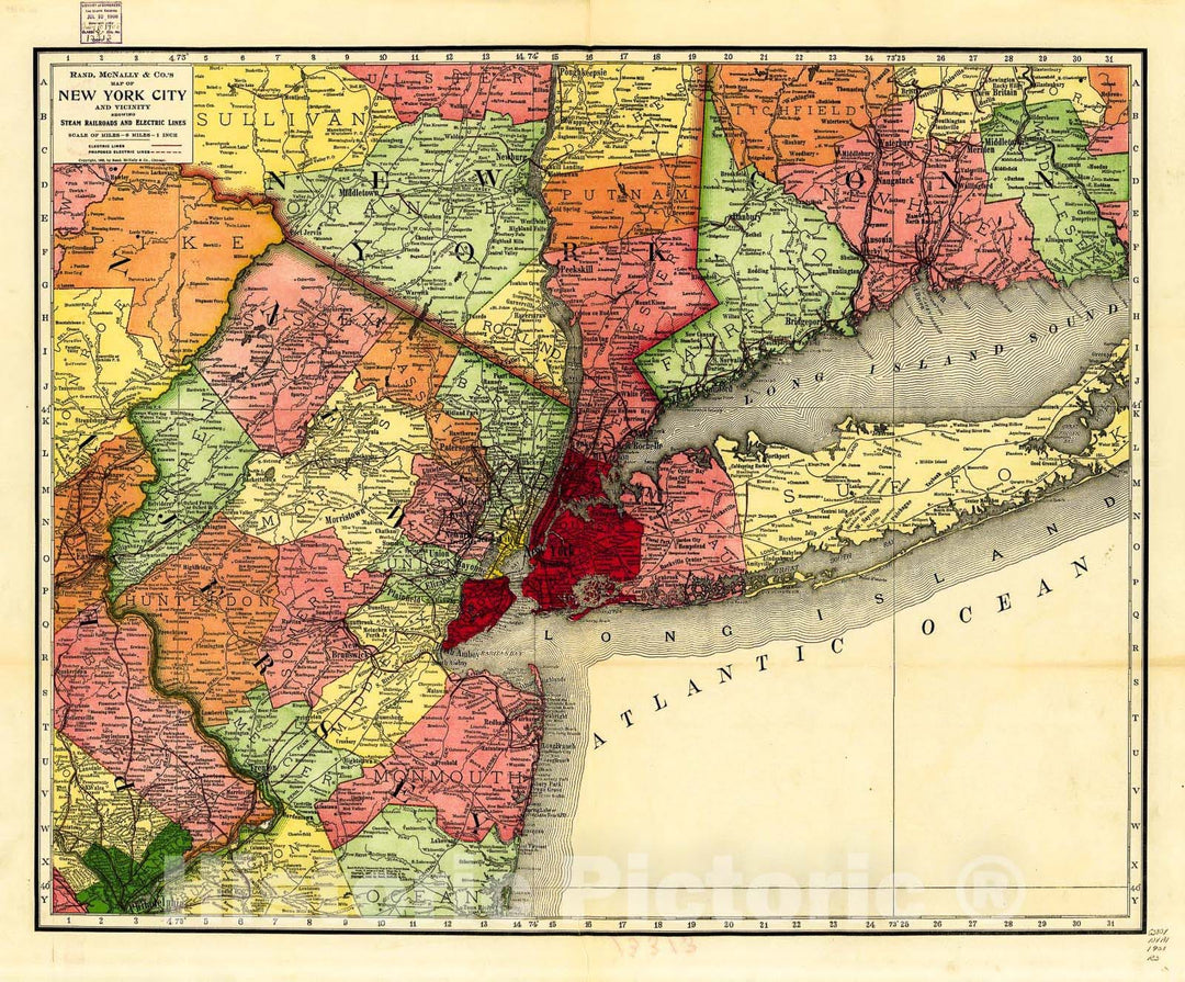 Historic 1908 Map - Rand, McNally & Co.'s map of New York City and Vicinity Showing Steam Railroads and Electric Lines.