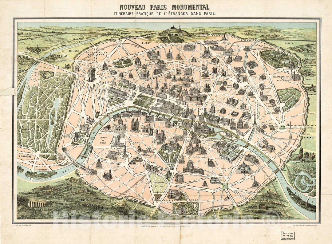 Historic 1878 Map - Nouveau Paris Monumental : itinÃ©raire Pratique de l'Ã©tranger Dans Paris