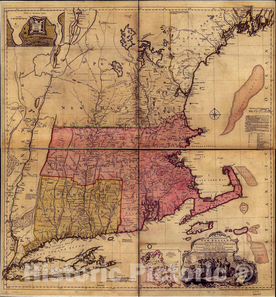 Historic 1755 Map - A map of The Most inhabited Part of New England; containing The Provinces of Massachusets Bay and New Hampshire, with The Colonies of Konektikut and Rhode Island