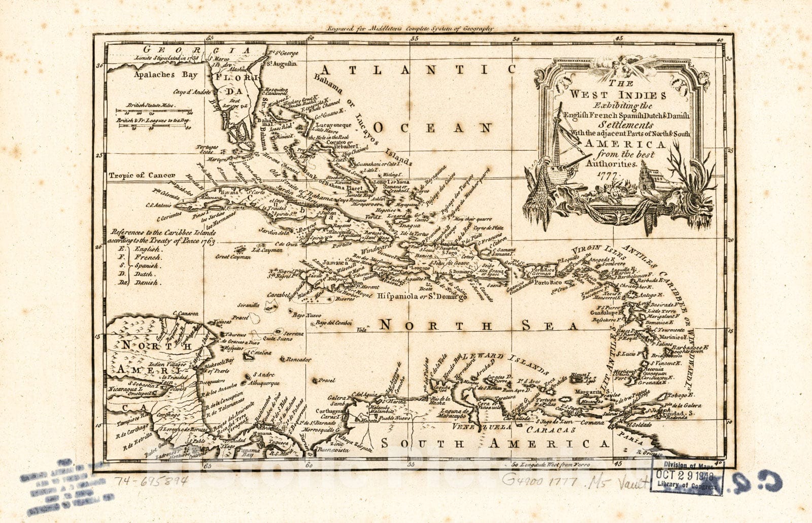 Historic 1777 Map - The West Indies, exhibiting The English, French, Spanish, Dutch & Danish settlements with The Adjacent Parts of North & South America, from The Best Authorities.