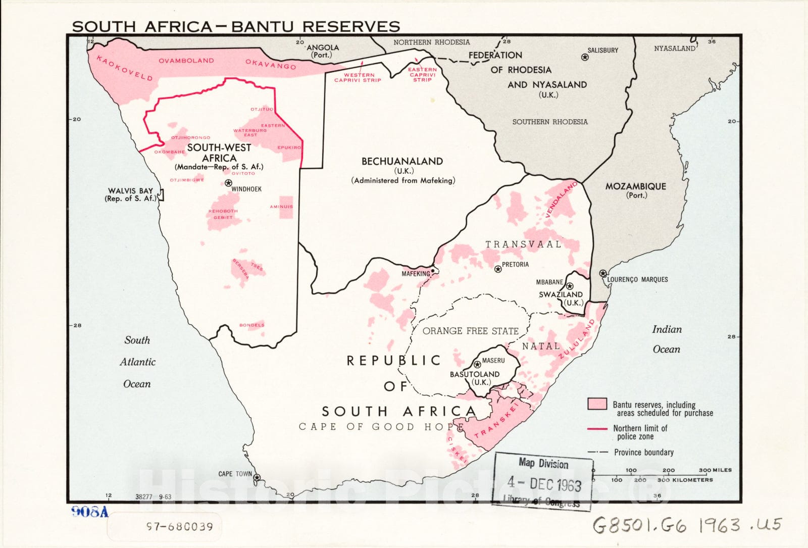 Historic 1963 Map - South Africa, Bantu Reserves.