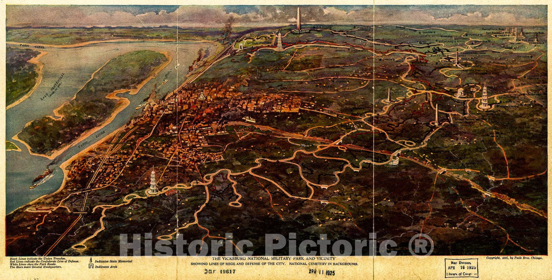 Historic 1925 Map - The Vicksburg National Military Park and Vicinity Showing Lines of Siege and Defense of The City. National Cemetery in Background.