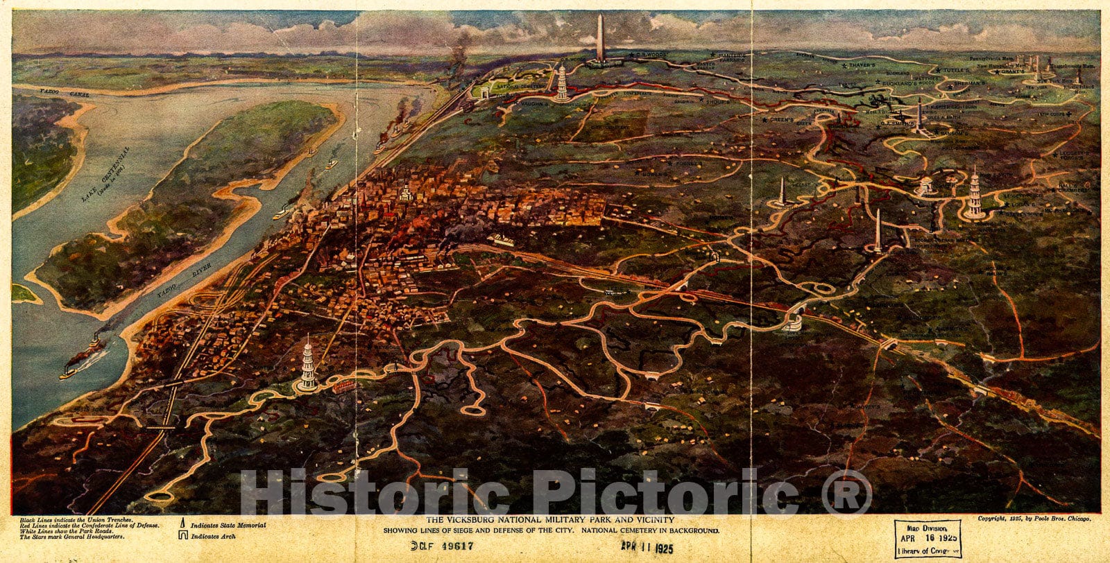 Historic 1925 Map - The Vicksburg National Military Park and Vicinity Showing Lines of Siege and Defense of The City. National Cemetery in Background.