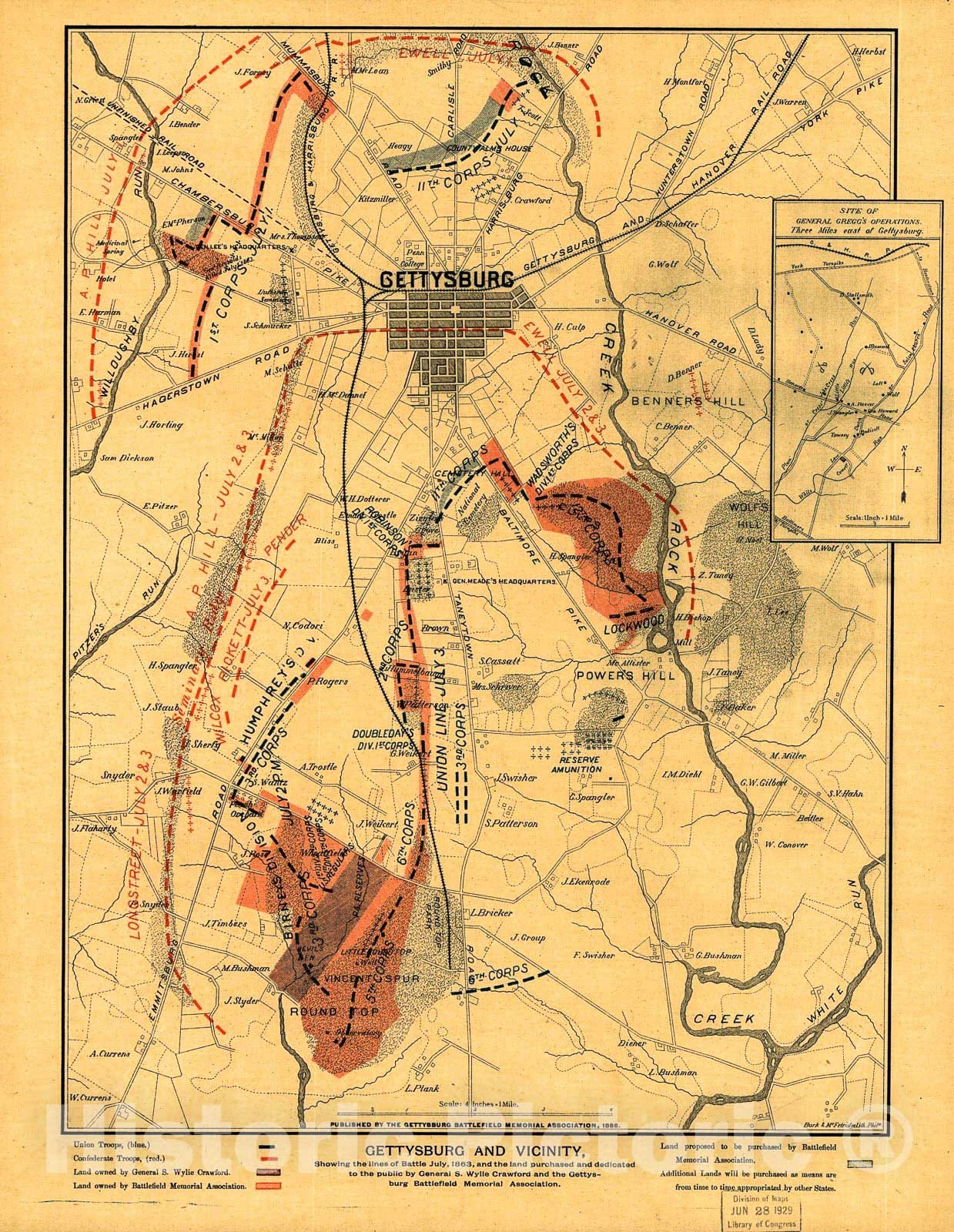 Historic 1863 Map - Gettysburg and Vicinity : Showing The Lines of Battle, July, 1863