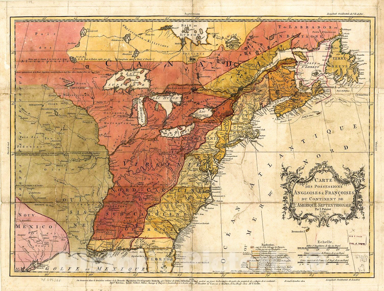 Historic 1763 Map - Carte des Possessions angloises & franÃ§oises du Continent de l'AmÃ©rique septentrionale,