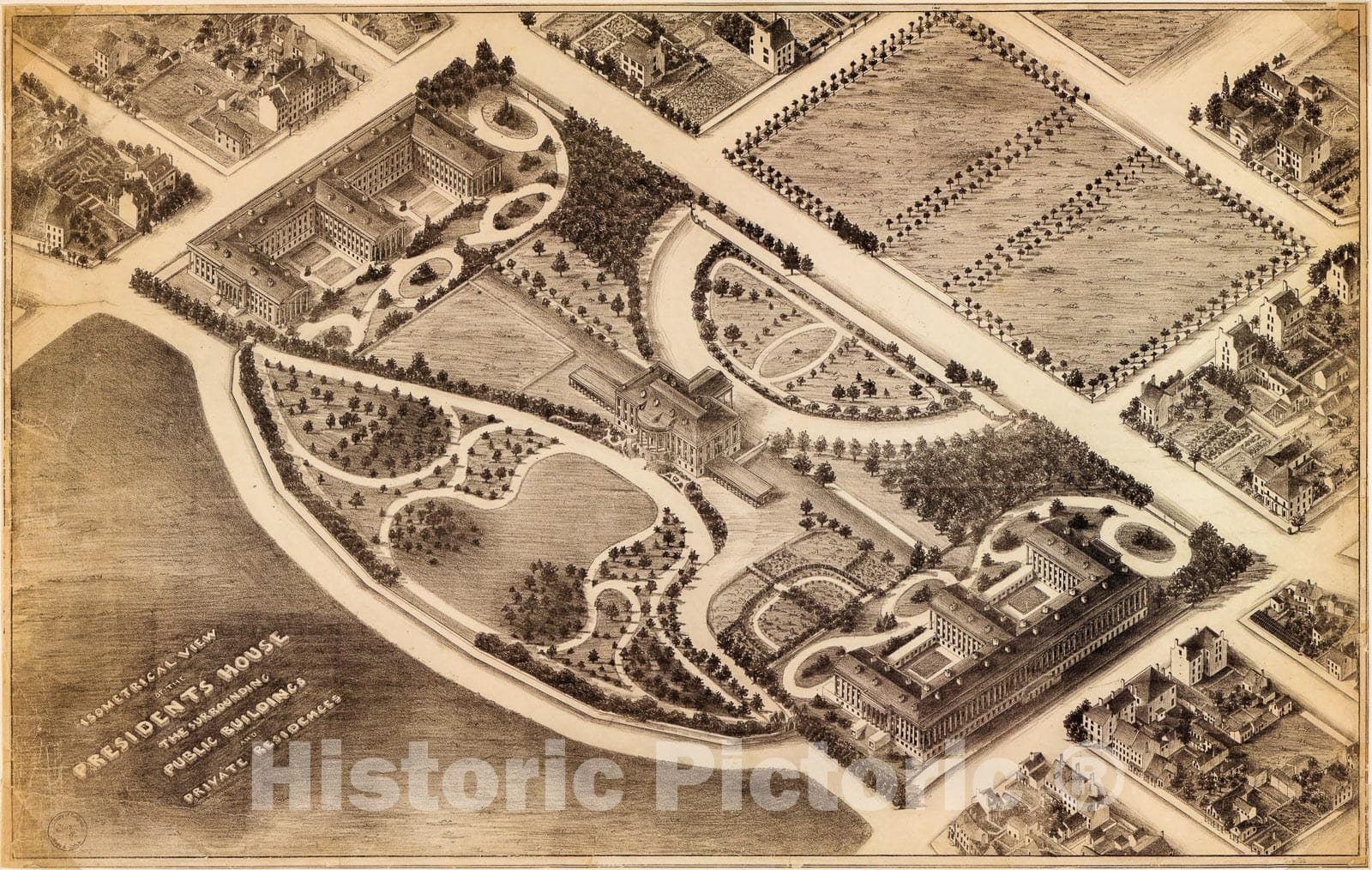 Historic 1857 Map - Isometrical View of The Presidents House, The Surrounding Public Buildings, and Private residences : Washington D.C.