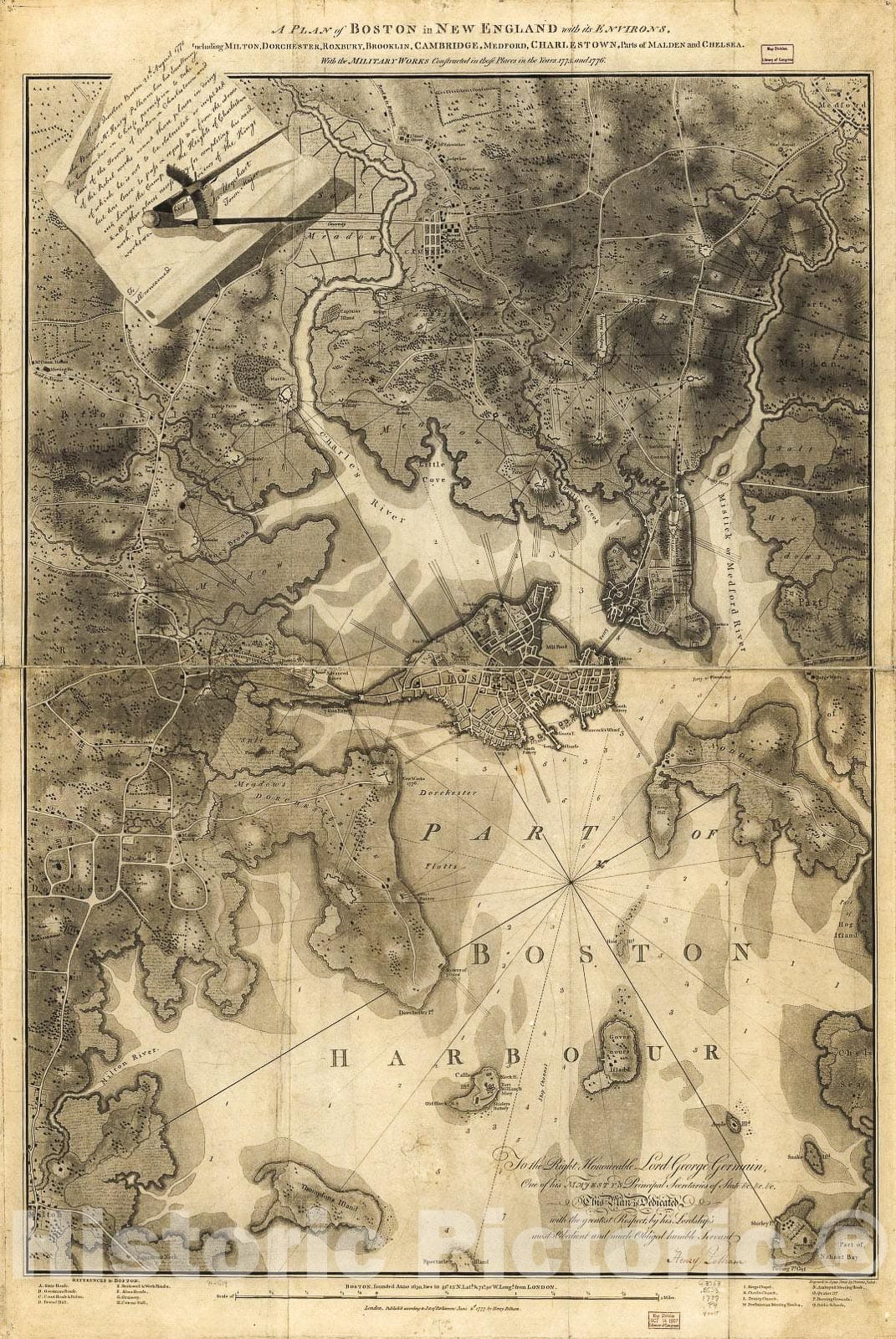 Historic 1777 Map - A Plan of Boston in New England with its Environs, Including Milton, Dorchester, Roxbury, Brooklin, Cambridge, Medford, Charlestown, Parts of Malden and Chelsea