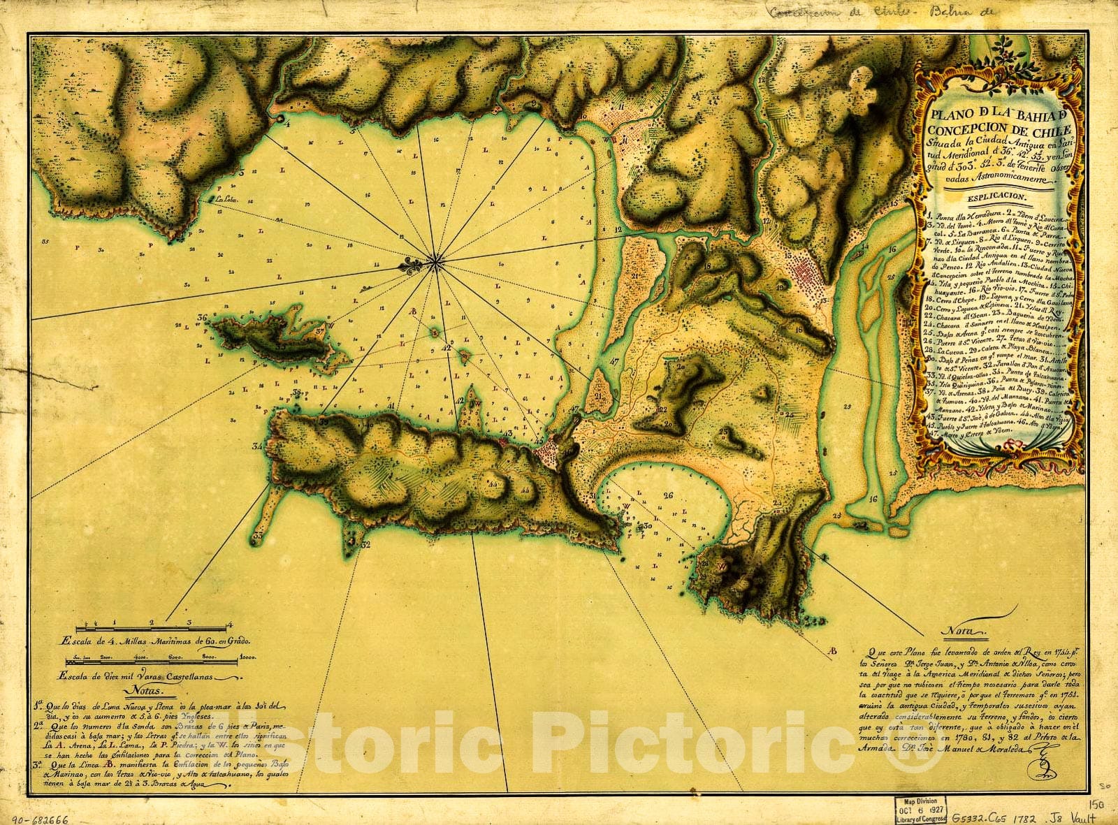 Historic 1782 Map - Plano de la BahÃ­a de ConcepciÃ³n de Chile situada la Ciudad Antigua en latitud meridional DE 364253 y en longitud de 303523 de Tenerife observadas astronÃ³micamente