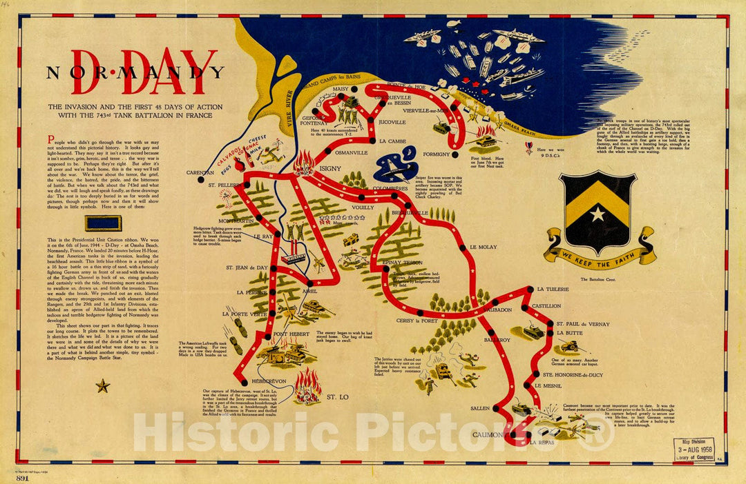 Historic 1944-1945 Map - D-Day Normandy : The Invasion and The First 48 Days of Action with The 743rd Tank Battalion in France