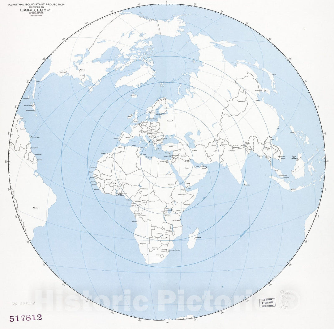 Historic 1975 Map - Azimuthal equidistant Projection Centered on Ab Zabal, Egypt, 3015N, 3121E.