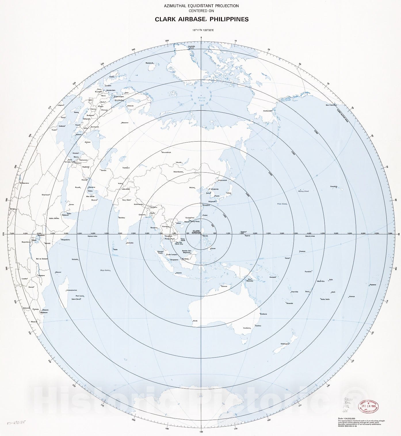 Historic 1986 Map - Azimuthal equidistant Projection Centered on Frankfurt, West Germany, 5007N, 841E.