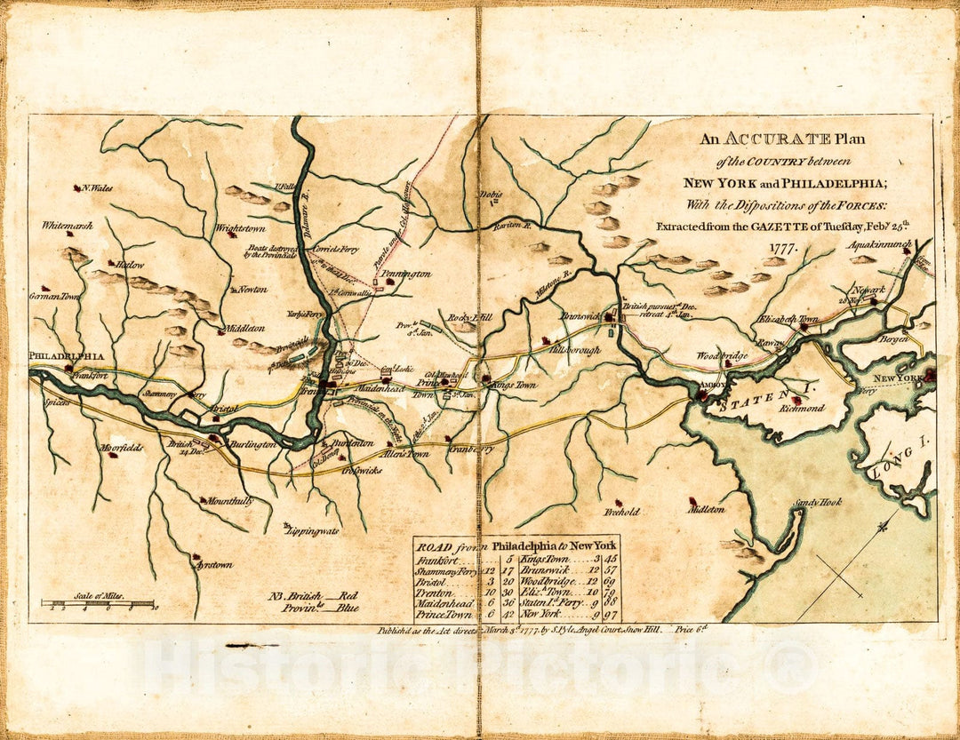 Historic 1777 Map - an Accurate Plan of The Country Between New York and Philadelphia : with The dispositions of The Forces.