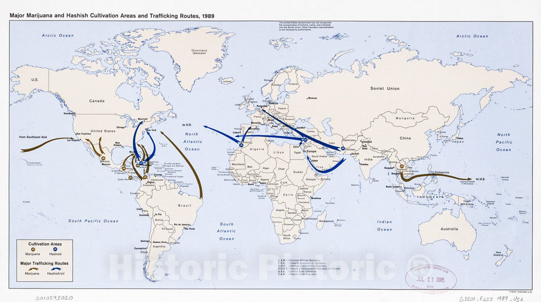 Historic 1989-1990 Map - Major Marijuana and Hashish Cultivation Areas and Trafficking Routes, 1989 : World map