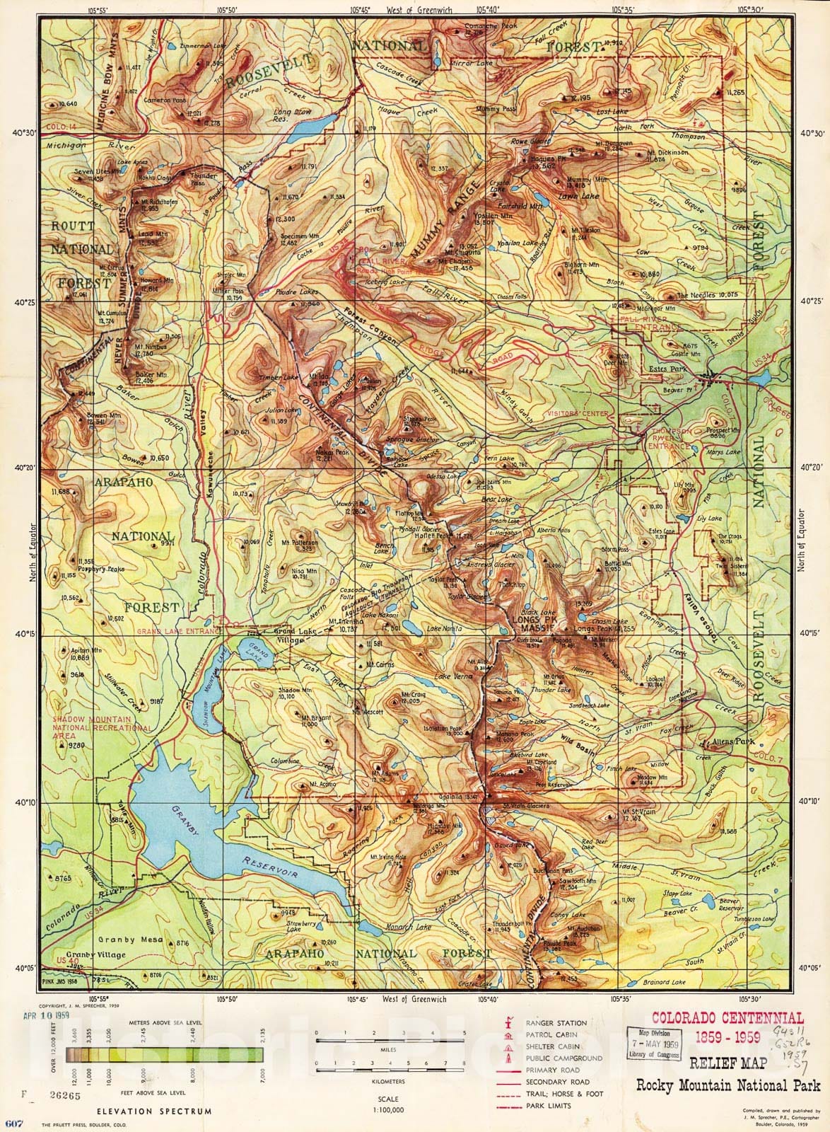 Historic 1959 Map - Relief map, Rocky Mountain National Park : Colorado Centennial, 1859-1959