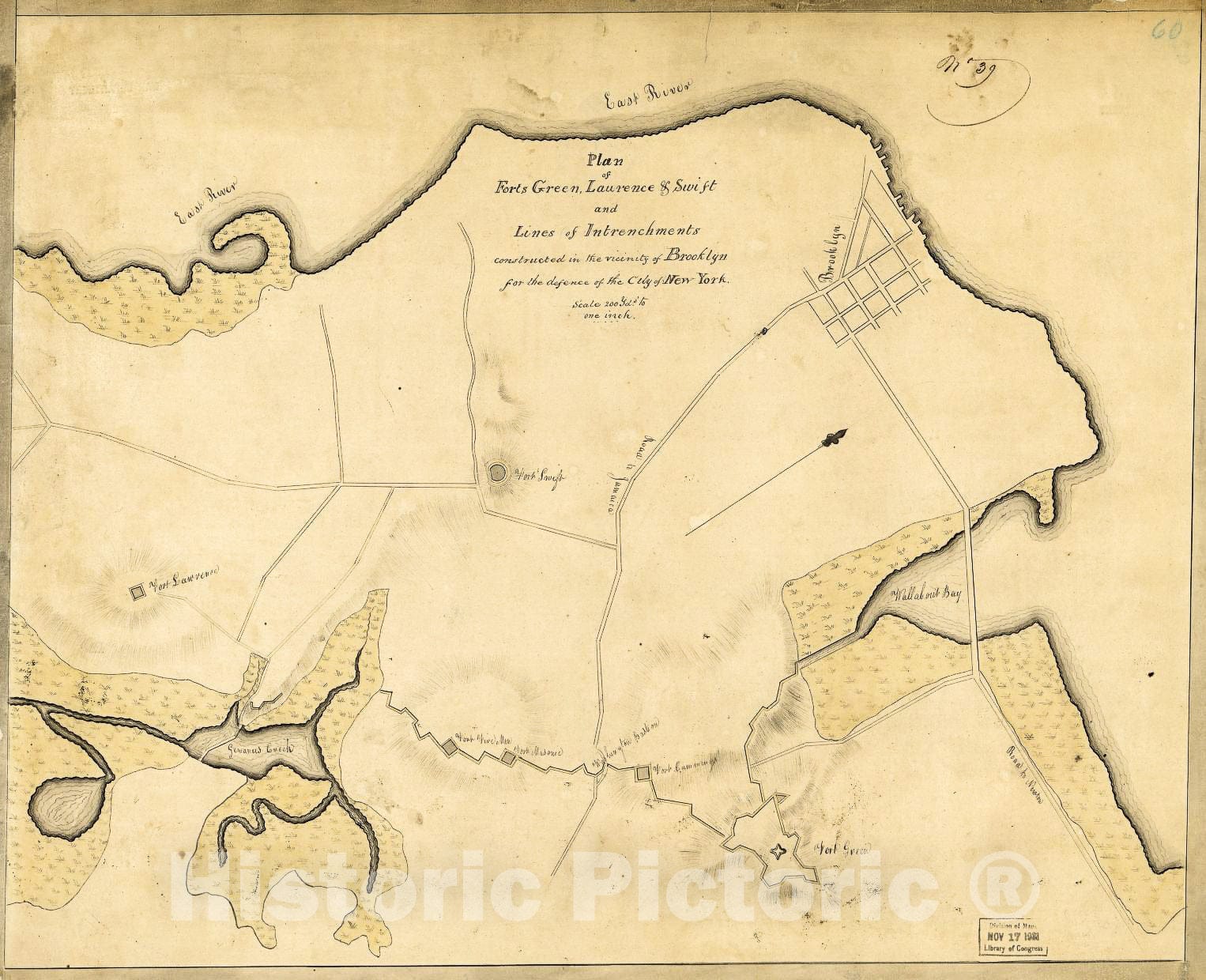 Historic 1814 Map - Plan of Forts Green, Laurence & Swift and Lines of intrenchments Constructed in The Vicinity of Brooklyn for The Defence of The City of New York.