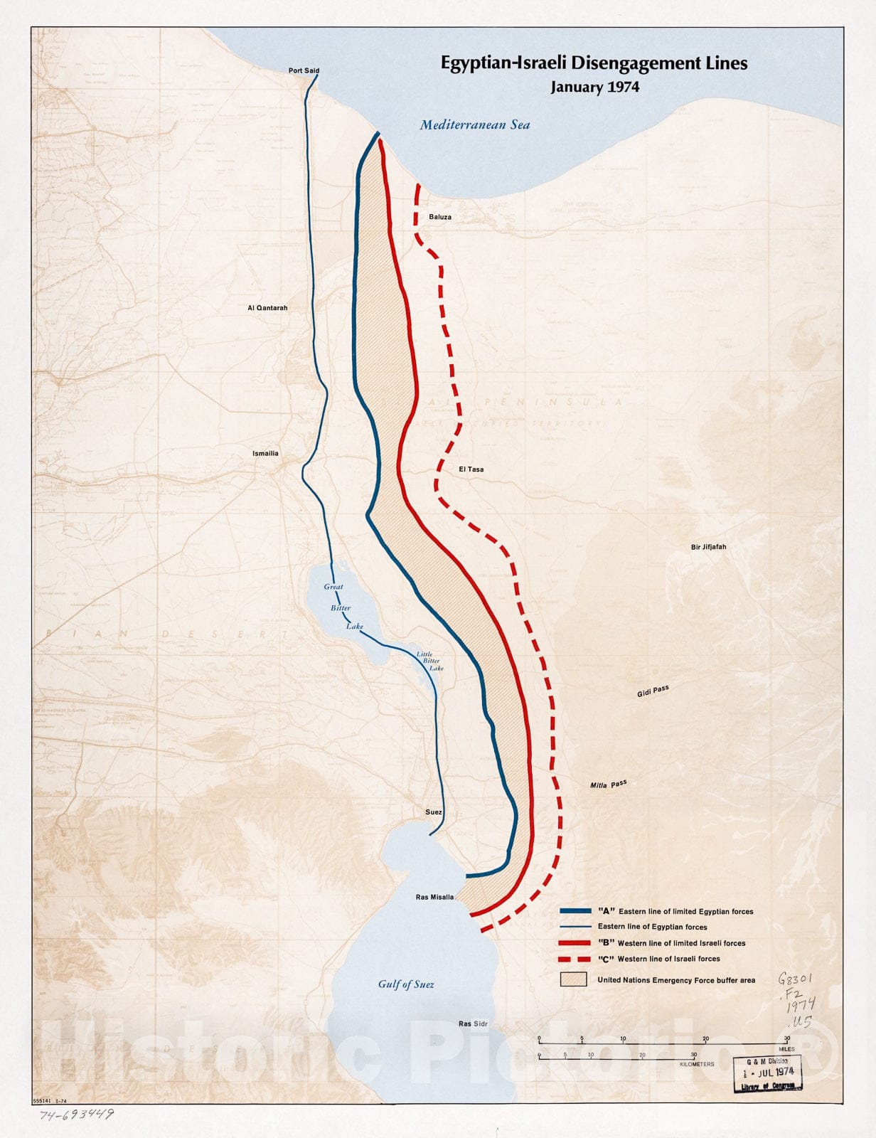 Historic 1974 Map - Egyptian-Israeli Disengagement Lines, January 1974. 1-74.