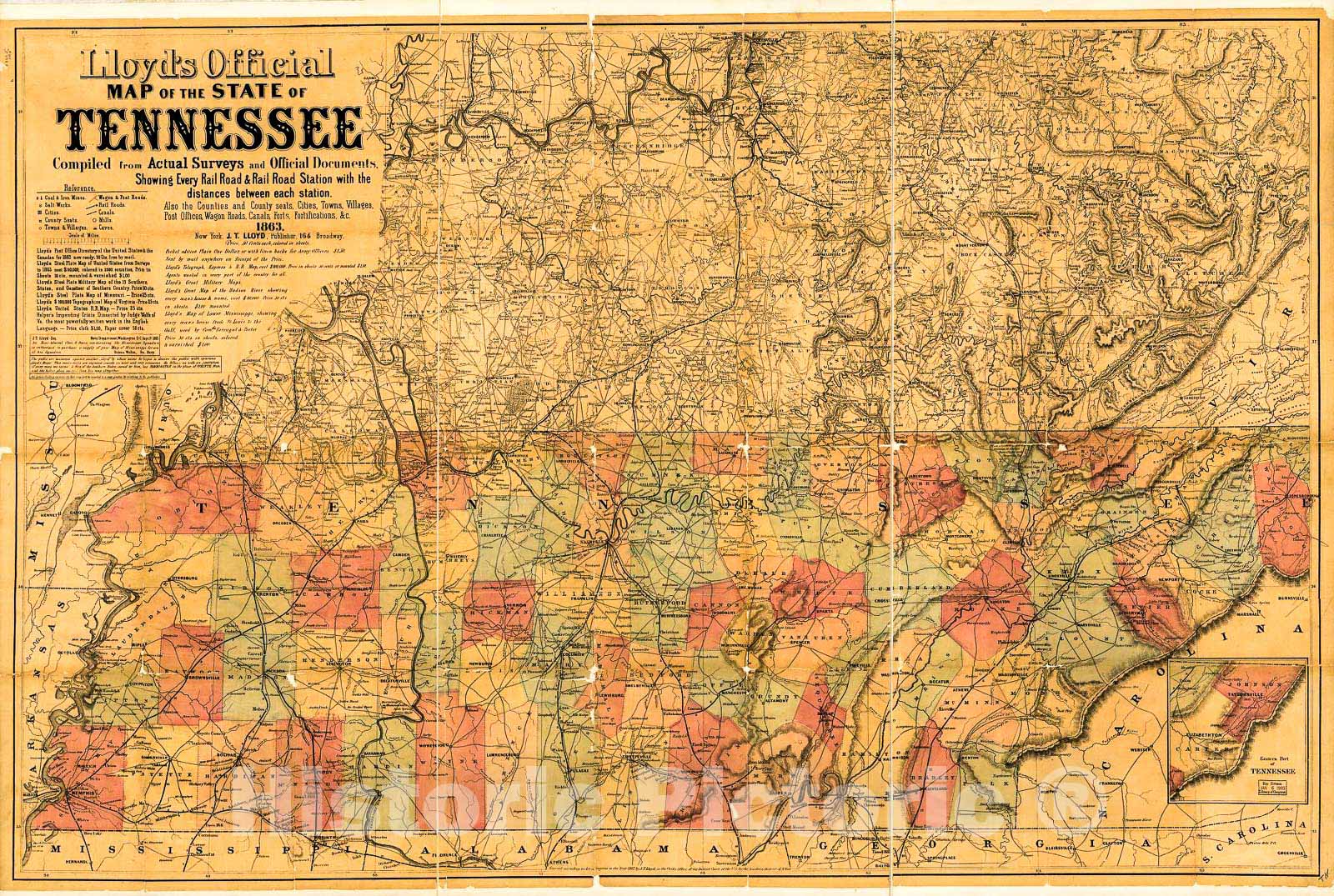 Historic 1863 Map - Lloyd's Official map of The State of Tennessee