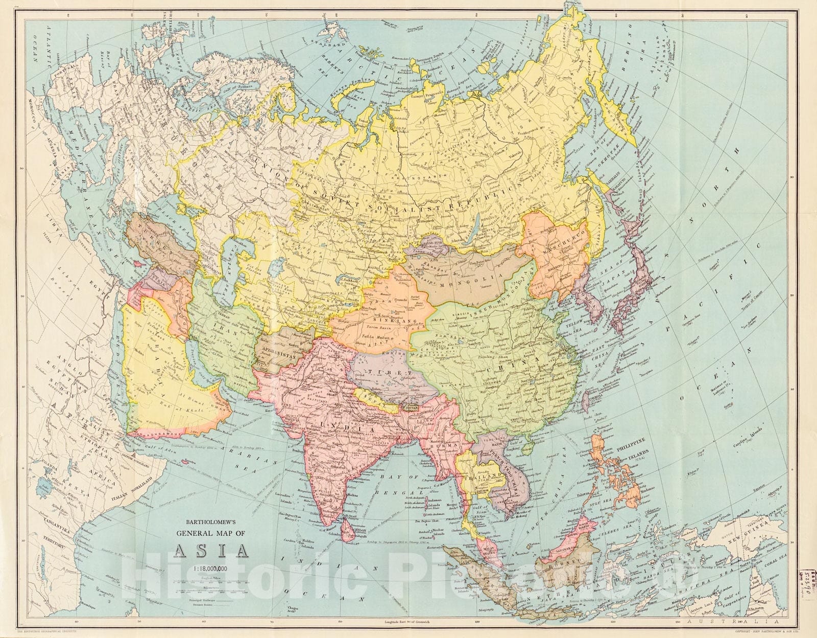 Historic 1940 Map - Bartholomew's General map of Asia.