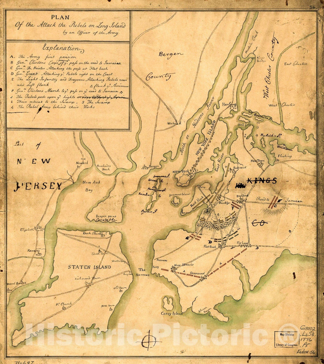 Historic 1776 Map - Plan of The Attack The Rebels on Long Island, by an Officer of The Army.