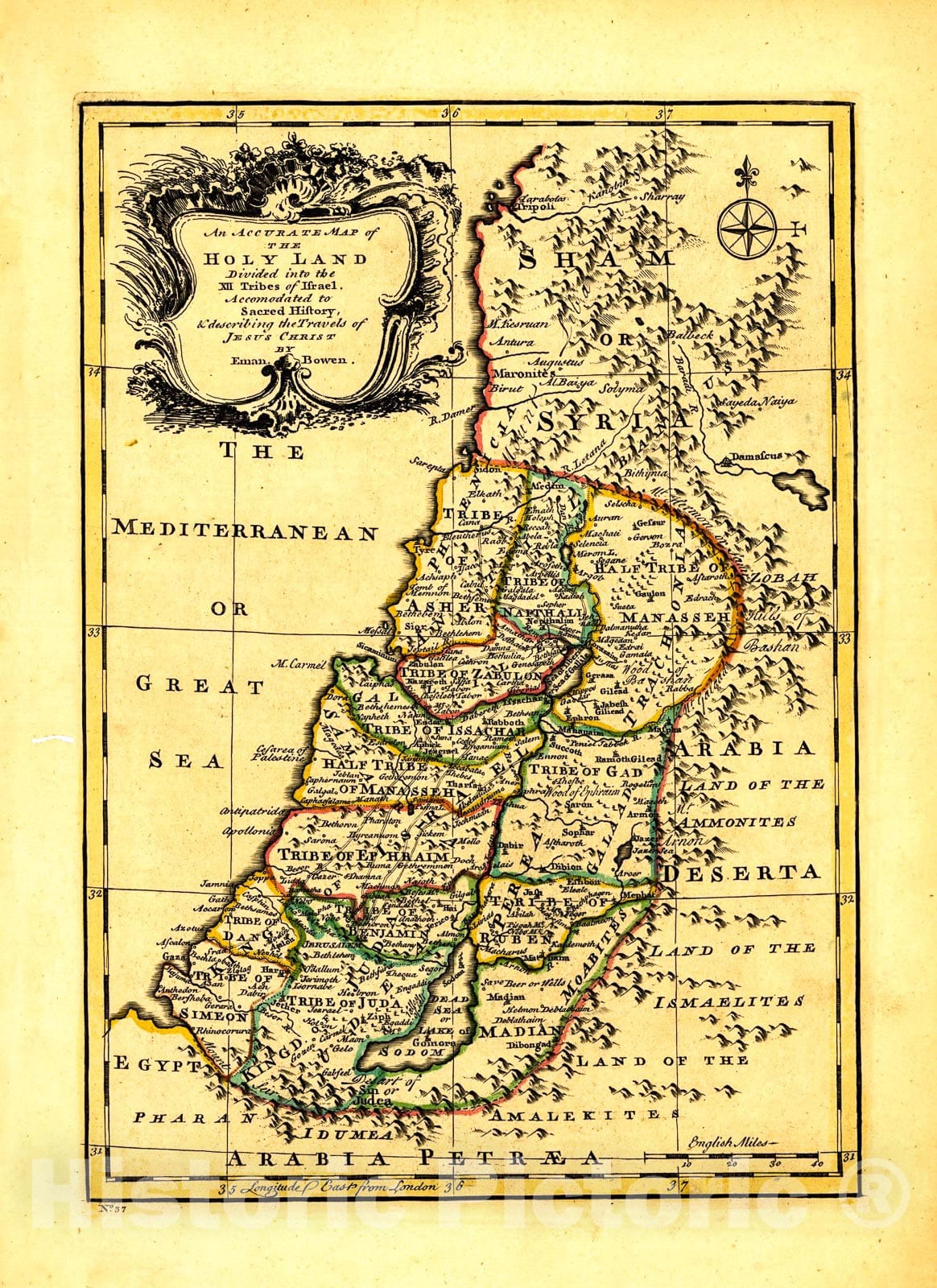 Historic 1752 Map - an Accurate map of The Holy Land Divided into The XII Tribes of Israel. Accomodated to Sacred History, Describing The Travels of Jesus Christ.