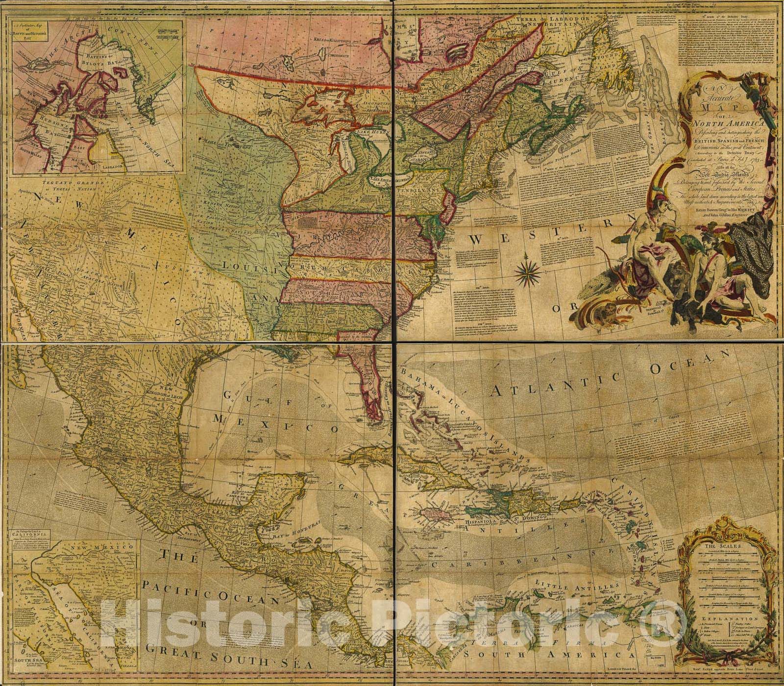 Historic 1763 Map - an Accurate map of North America. Describing and distinguishing The British, Spanish and French dominions on This Great Continent;