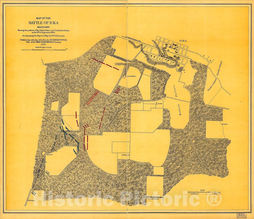 Historic 1876 Map - Map of The Battle of Iuka, Mississippi, Showing The Positions of The United States and Confederate Troops on The 19th of September 1862