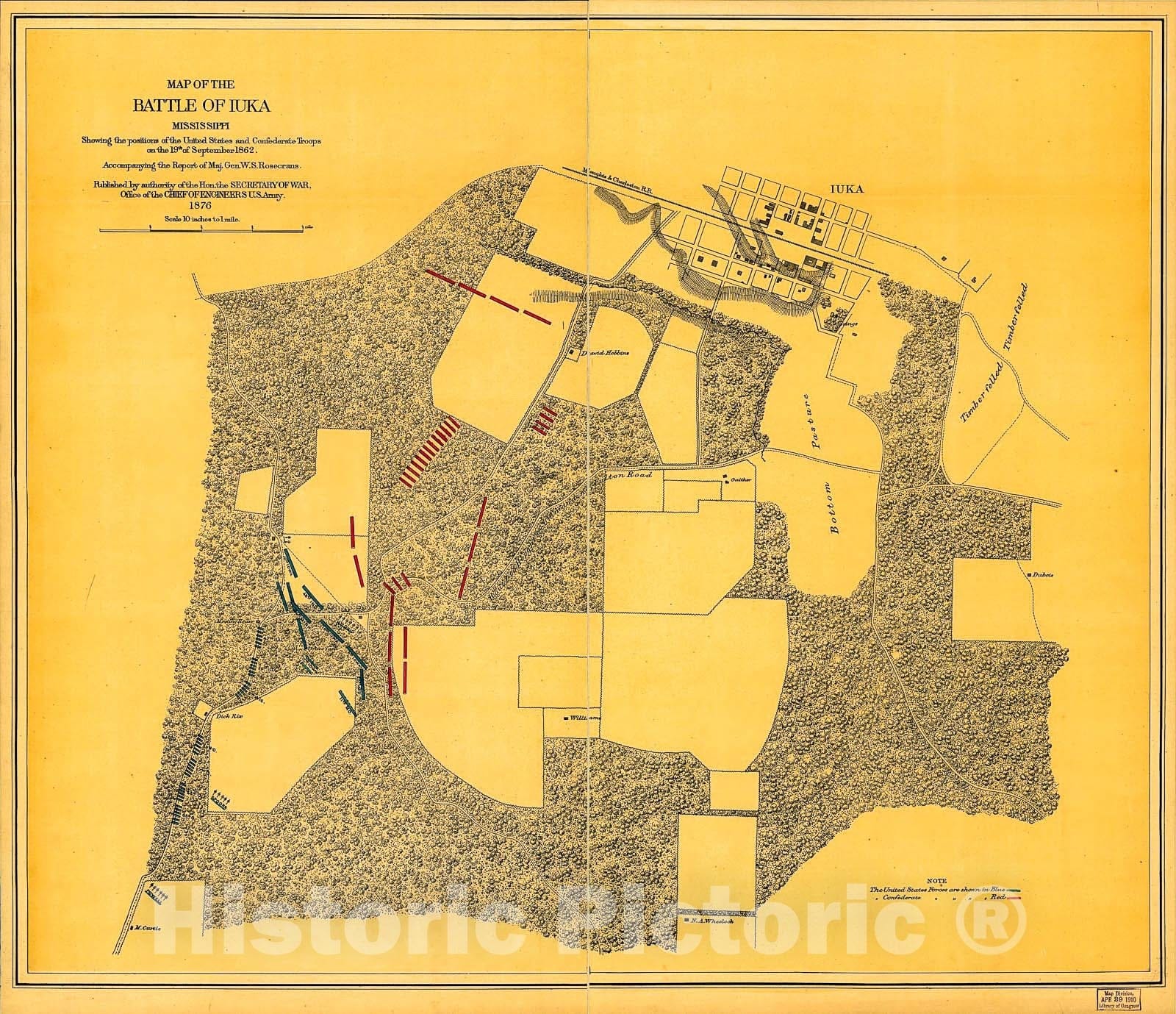 Historic 1876 Map - Map of The Battle of Iuka, Mississippi, Showing The Positions of The United States and Confederate Troops on The 19th of September 1862