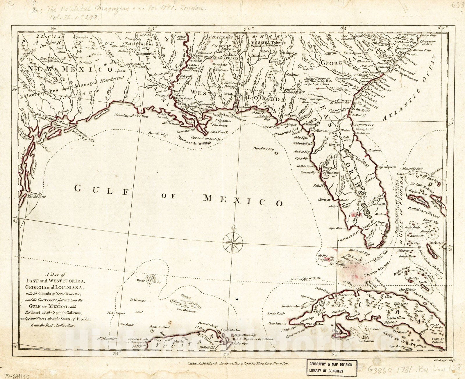 Historic 1781 Map - A map of East and West Florida, Georgia, and Louisiana : with The Islands of Cuba, Bahama, and The Countries Surrounding The Gulf of Mexico 1