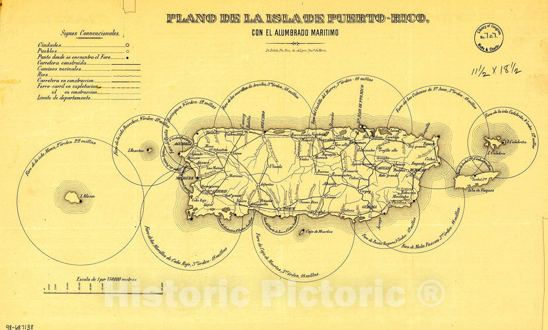 Historic 1900 Map - Plano de la isla de Puerto-Rico, con el alumbrado maritimo.