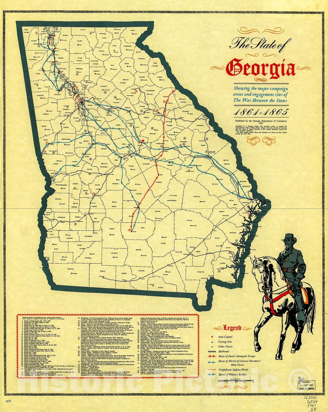 Historic 1961 Map - The State of Georgia, Showing The Major Campaign Areas and Engagement Sites of The War Between The States, 1861-1865.