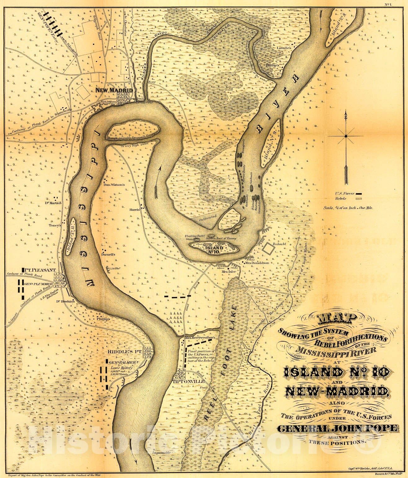 Historic 1862 Map - Map Showing The System of Rebel fortifications on The Mississippi River at Island no. 10 and New Madrid, Also The Operations of The U.S. Forces Under General John Pope