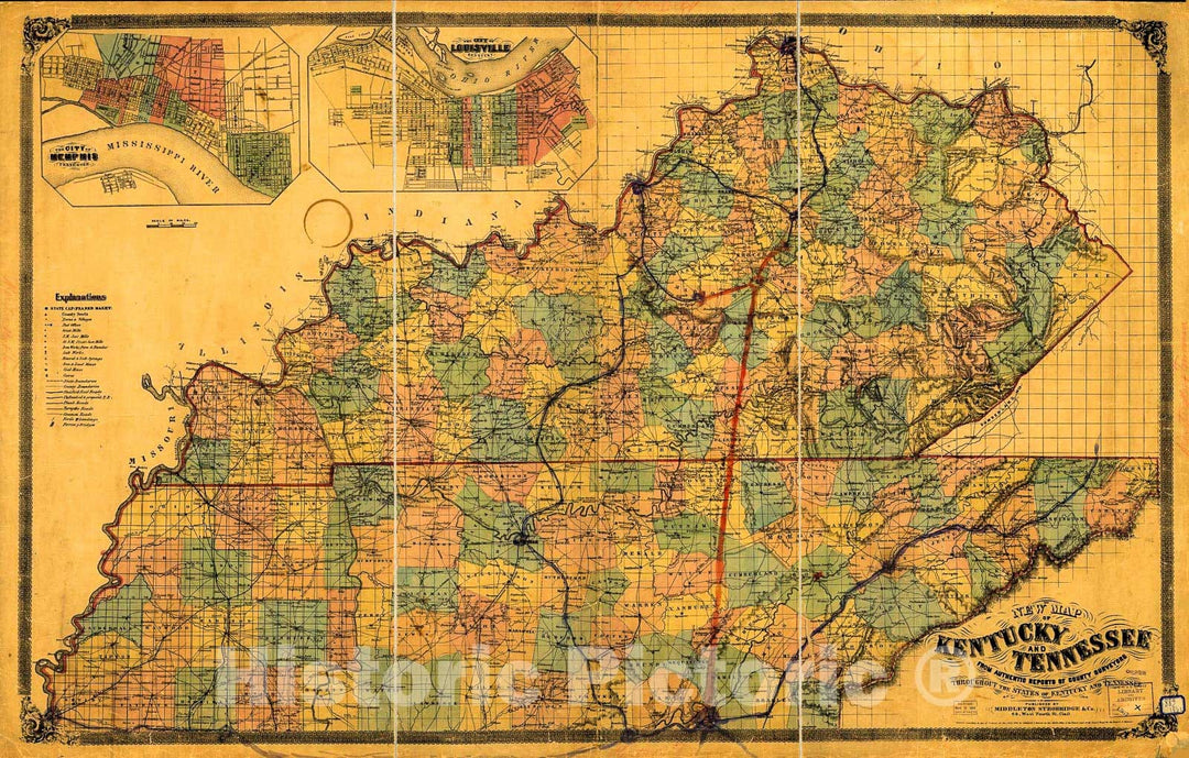 Historic 1861 Map - New map of Kentucky and Tennessee from Authentic Reports of County Surveyors Throughout The States of Kentucky and Tennessee with a New Key for Measuring Distances 1