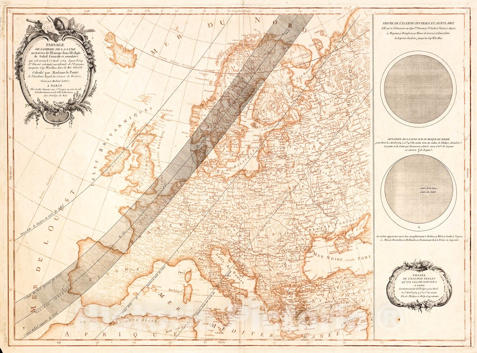 Historic 1764 Map - Passage de l'ombre de la Lune au Travers de l'Europe Dans l'Ã©clipse de Soleil Centrale et annulaire : qui s'observent le 1er Avril 1764