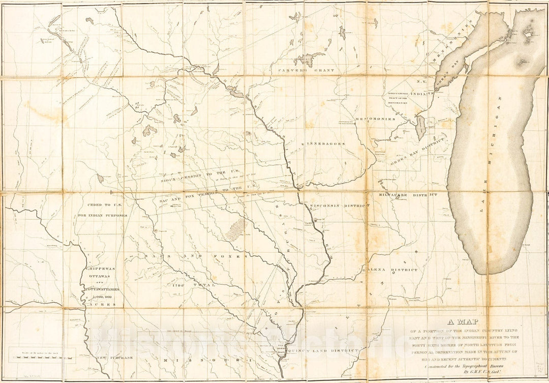 Historic 1836 Map - A map of a Portion of The Indian Country Lying East and west of The Mississippi River to The Forty Sixth Degree of North Latitude from Personal Observation