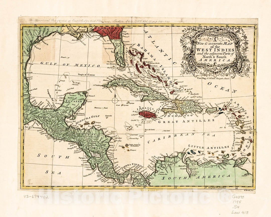 Historic 1755 Map - A New & Accurate map of The West Indies and The Adjacent Parts of North & South America