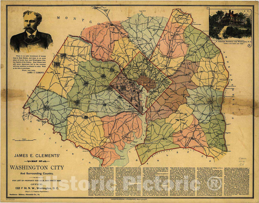 Historic 1891 Map - James E. Clements' map of Washington City and Surrounding Country.