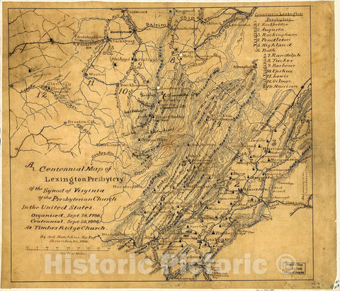 Historic 1886 Map - A Centennial map of The Lexington Presbytery of The Synod of Virginia of The Presbyterian Church in The United States, Organized Sept. 26, 1786, Centennial Sept. 26, 1