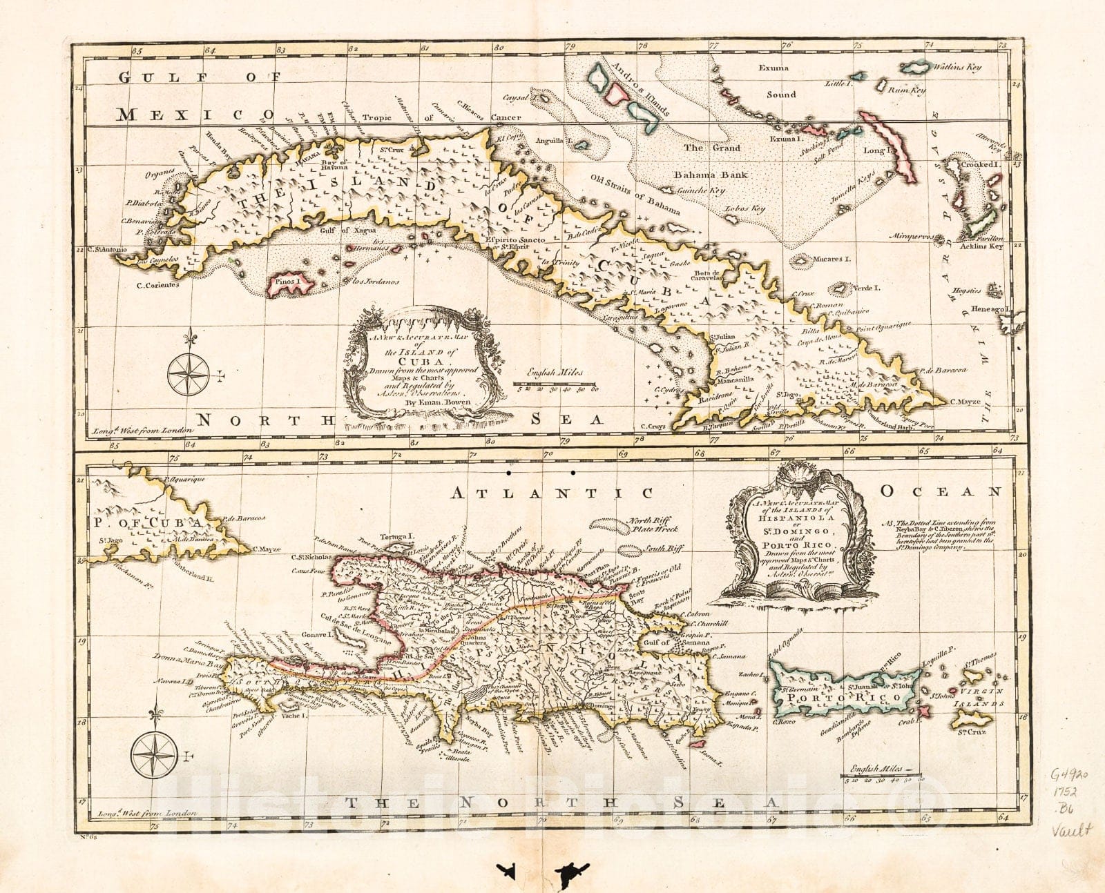 Historic 1752 Map - A New & Accurate map of The Island of Cuba. A New & Accurate map of The Islands of Hispaniola or St. Domingo and Porto Rico.