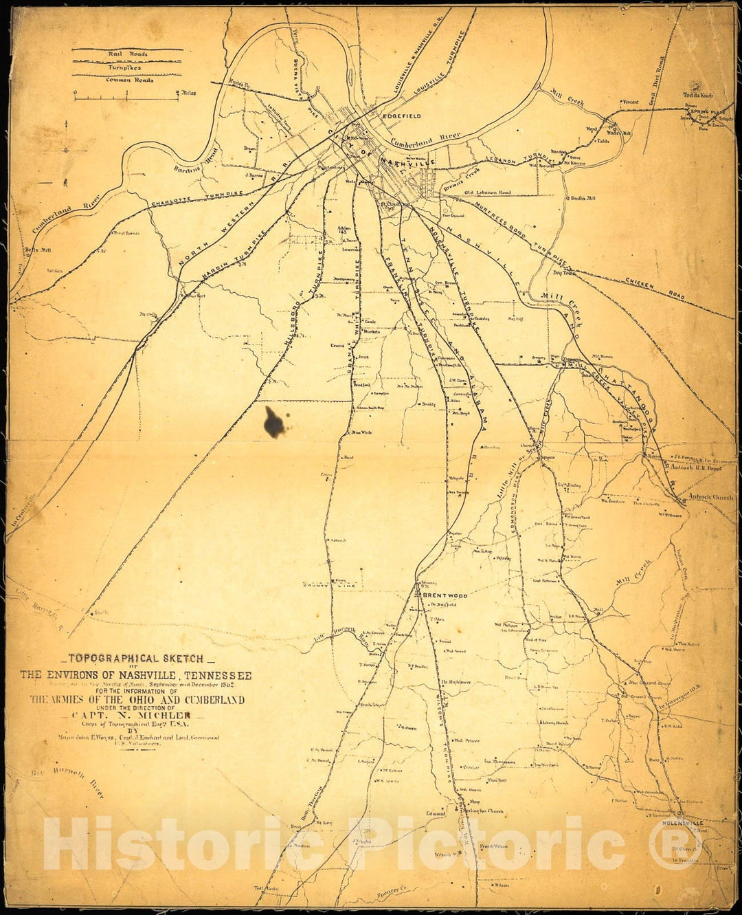 Historic 1862 Map - Topographical Sketch of The Environs of Nashville, Tennessee