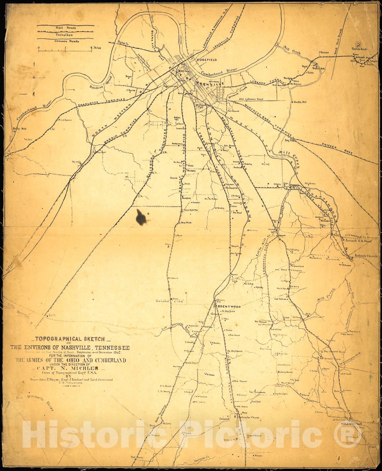 Historic 1862 Map - Topographical Sketch of The Environs of Nashville, Tennessee